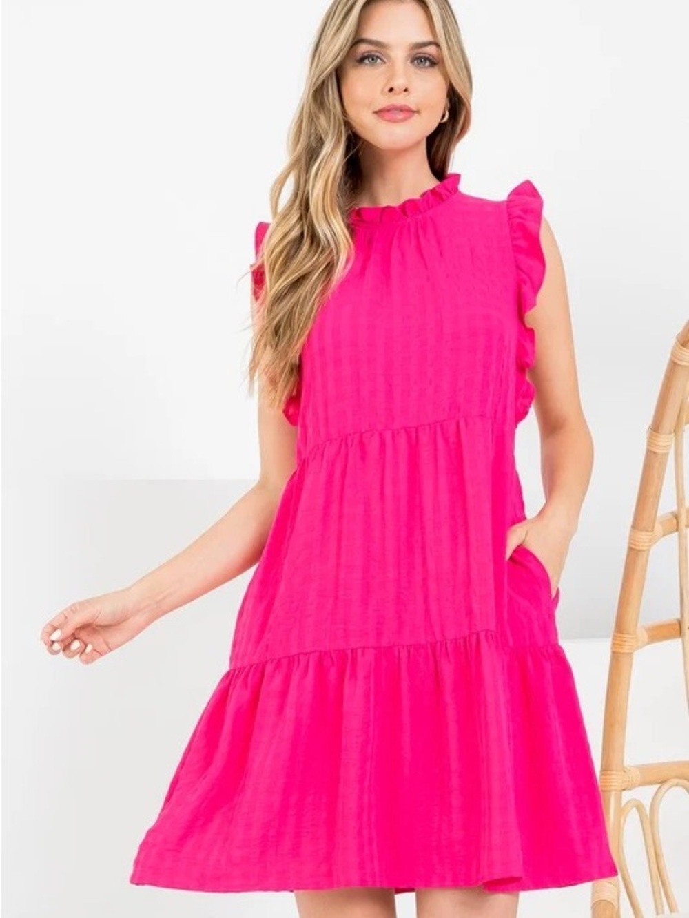 Bright Pink Ruffle Tiered Dress